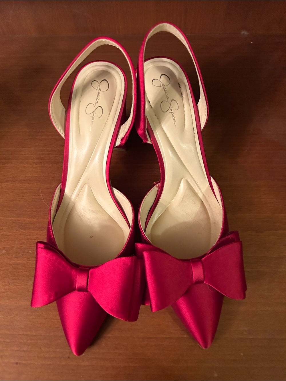Jessica Simpson Red Satin Bow Pointed-Toe Slingback Heels